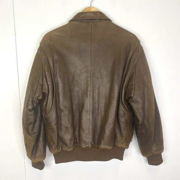 Faconnable Bomber Jacket Coat Mens Medium Leather Brown Vintage Retro Hipster - Picture 3 of 10
